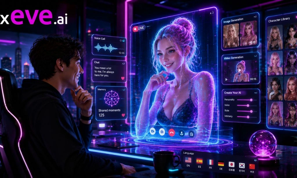 Futuristic Xeve.ai interface showing a user chatting with a holographic AI girlfriend using live video, AI image generation, and multilingual features.