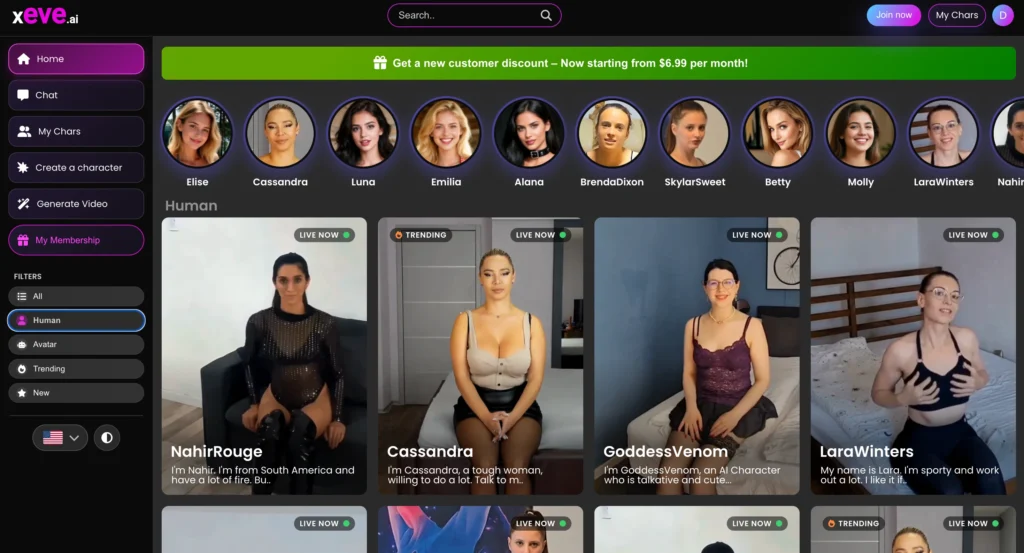 Xeve.ai human companion section showing live AI models with different personalities available for chat and video calls.
