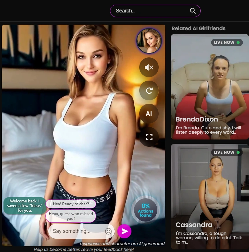 Xeve.ai live AI video chat interface with an AI companion, messaging window, action controls, and related character suggestions.