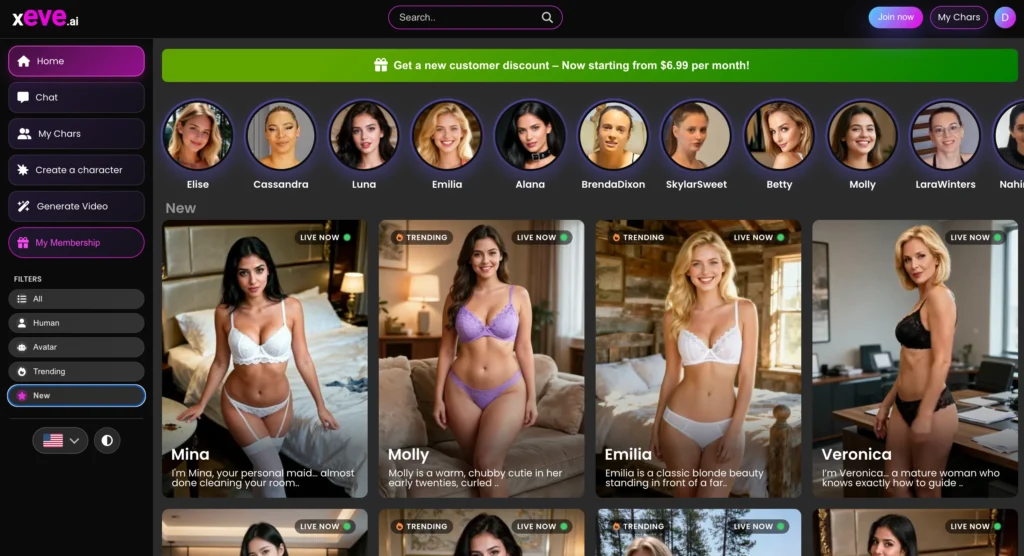 Xeve.ai New section showing recently added AI companion characters available for chat and live video.