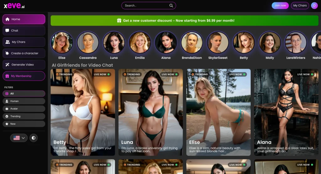Xeve.ai homepage displaying AI girlfriend avatars with filters for human, avatar, trending, and new companions.