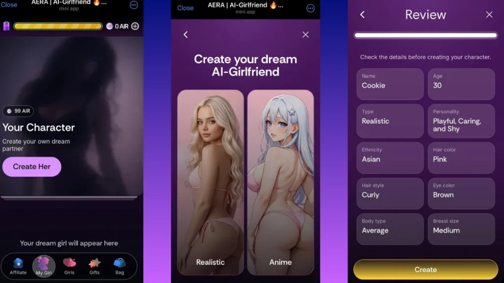 Three mobile screens of the AERA Telegram bot showing the custom AI companion creation process, style selection, and character trait review screen.