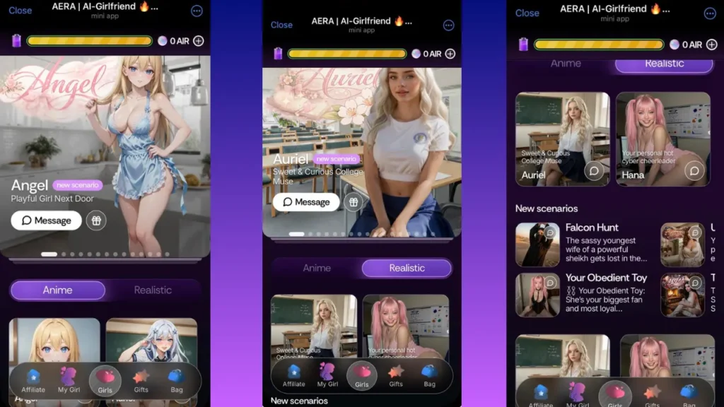 AERA telegram AI girlfriend bot character selection screen showing Angel and Auriel profiles
