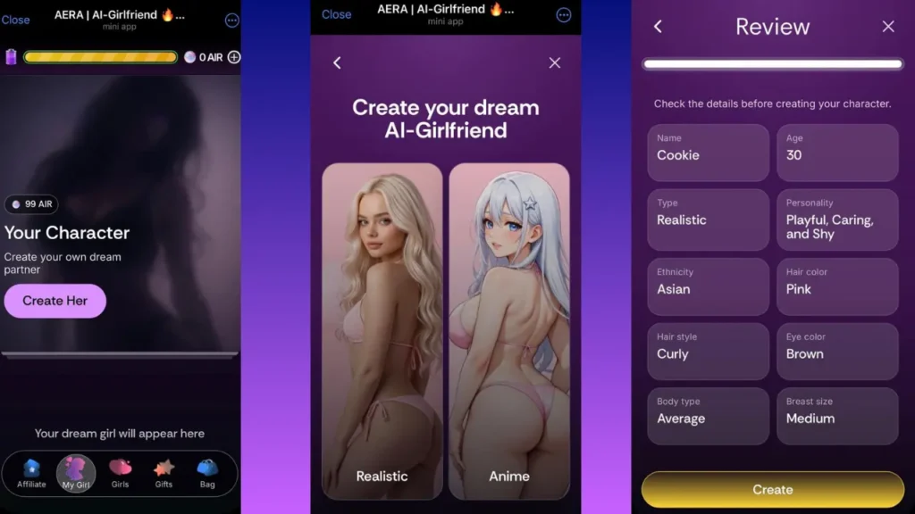 AERA telegram character creator screen for building a custom AI girlfriend