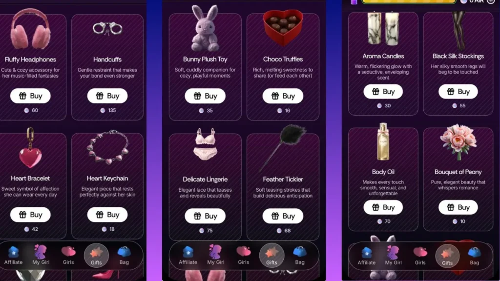 AERA telegram gift store showing virtual items priced in AIR points

