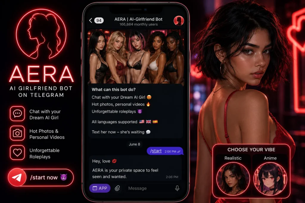 AERA AI Girlfriend Bot on Telegram featuring a smartphone displaying the AERA chat interface, neon red branding, a woman with short dark hair wearing a red lace top, feature icons for AI chat, photos, and roleplays, plus options to choose between realistic and anime AI companions.