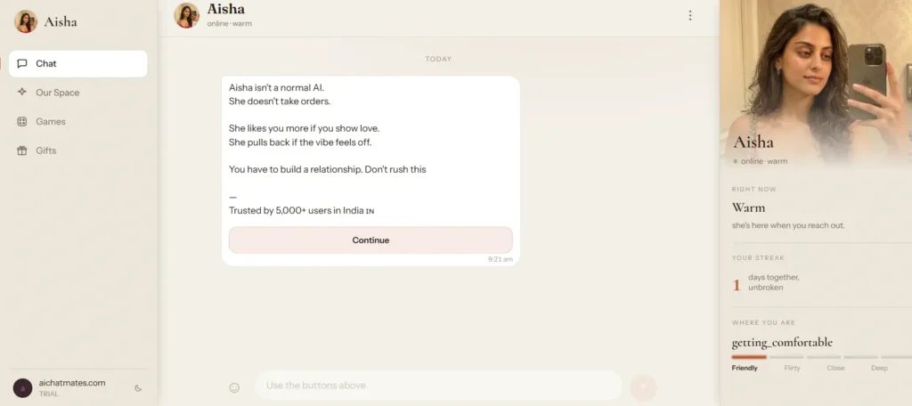 Aisha Telegram chat interface showing Hinglish AI companion conversation