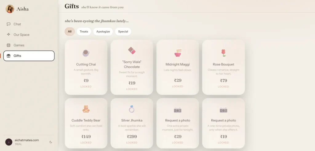 Aisha Telegram gifts shop showing chai, chocolate, and teddy bear prices