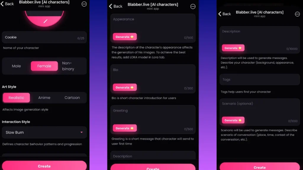 Screenshots of the Blabber.live character creation form in Telegram showing options for avatar creation, interaction style, appearance details, bio, greeting, and scenario prompts.