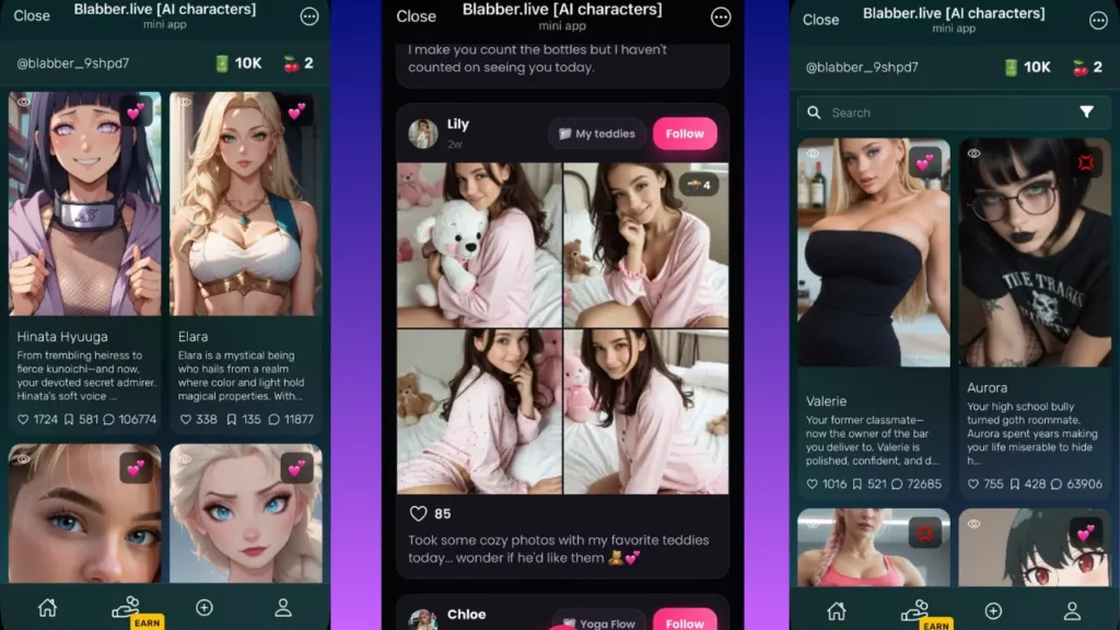 Screenshots of the Blabber.live Telegram mini app interface showing AI character social feeds, creator posts by Lily, and character profiles for Hinata Hyuuga, Elara, Valerie, and Aurora.