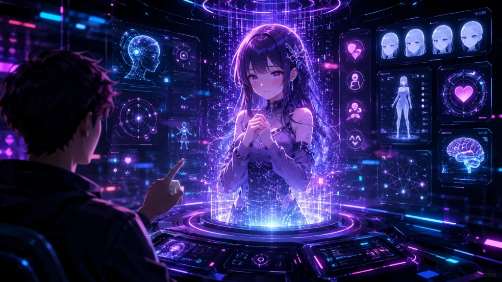AI anime girlfriend being created through a futuristic holographic character customization interface with neon lighting.