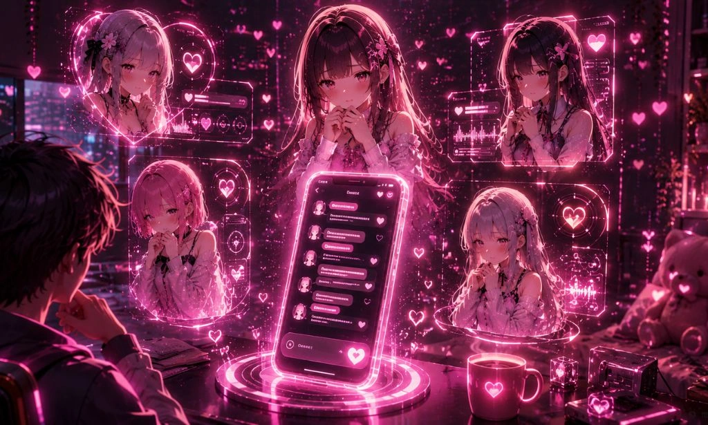 Shy dandere AI anime girlfriends appearing as holographic companions in a neon futuristic digital world.