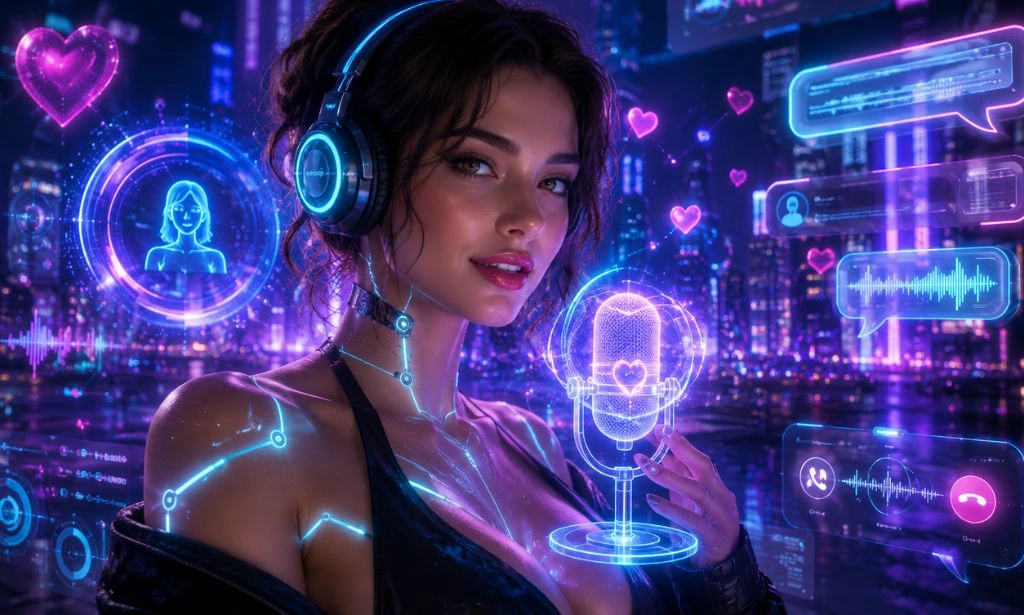 Futuristic AI companion with holographic voice chat interface, audio waveforms, and neon cyberpunk visuals representing erotic audio AI technology.
