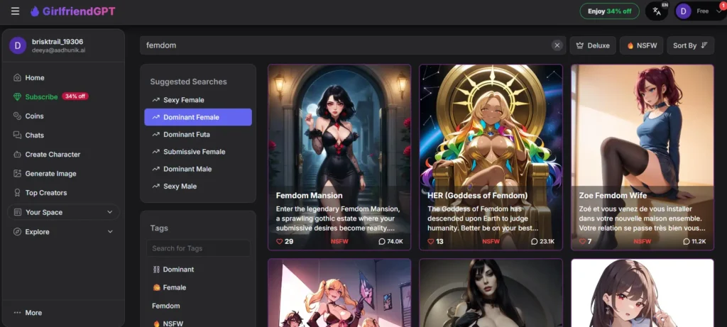 GirlfriendGPT platform displaying suggested dominant female AI companions with attractive character images and category filters like Dominant Female