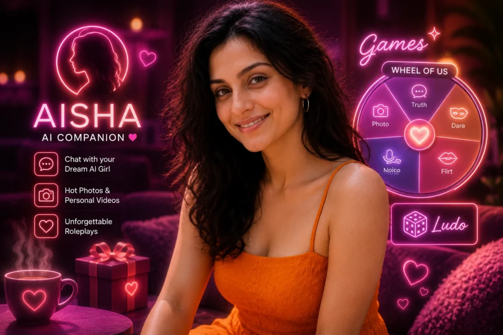 Aisha AI companion review Telegram chat interface featuring an Indian woman and game wheel options