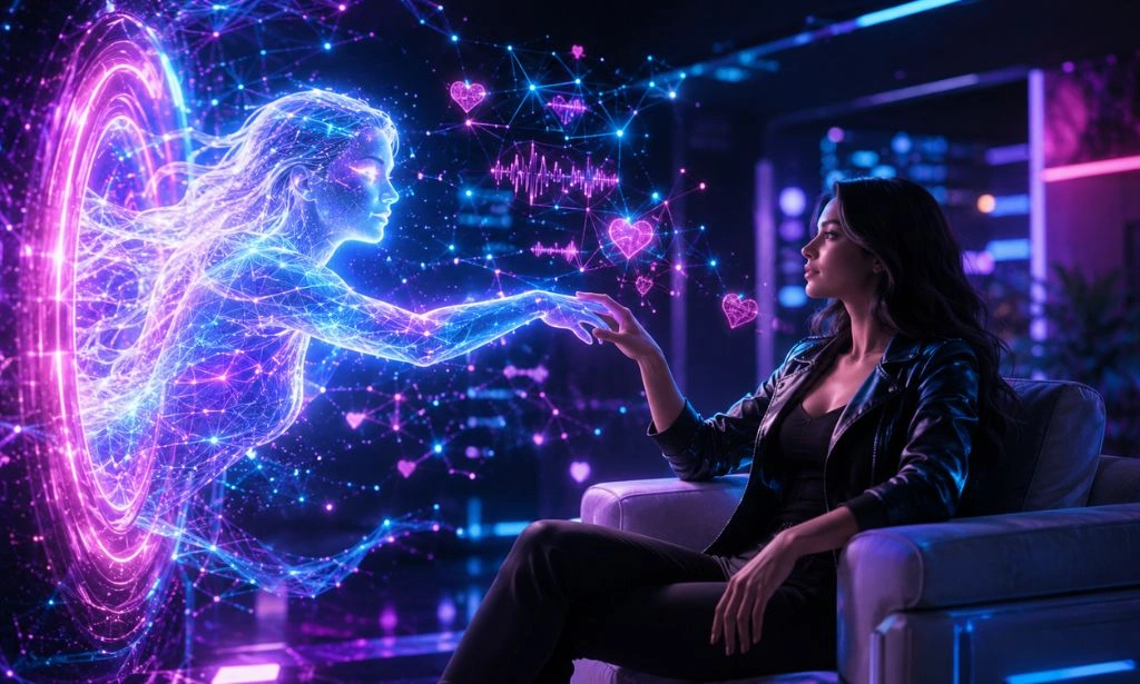 Futuristic neon illustration of an AI companion representing a customizable lesbian AI girlfriend with holographic technology, digital interfaces, and virtual relationship elements.