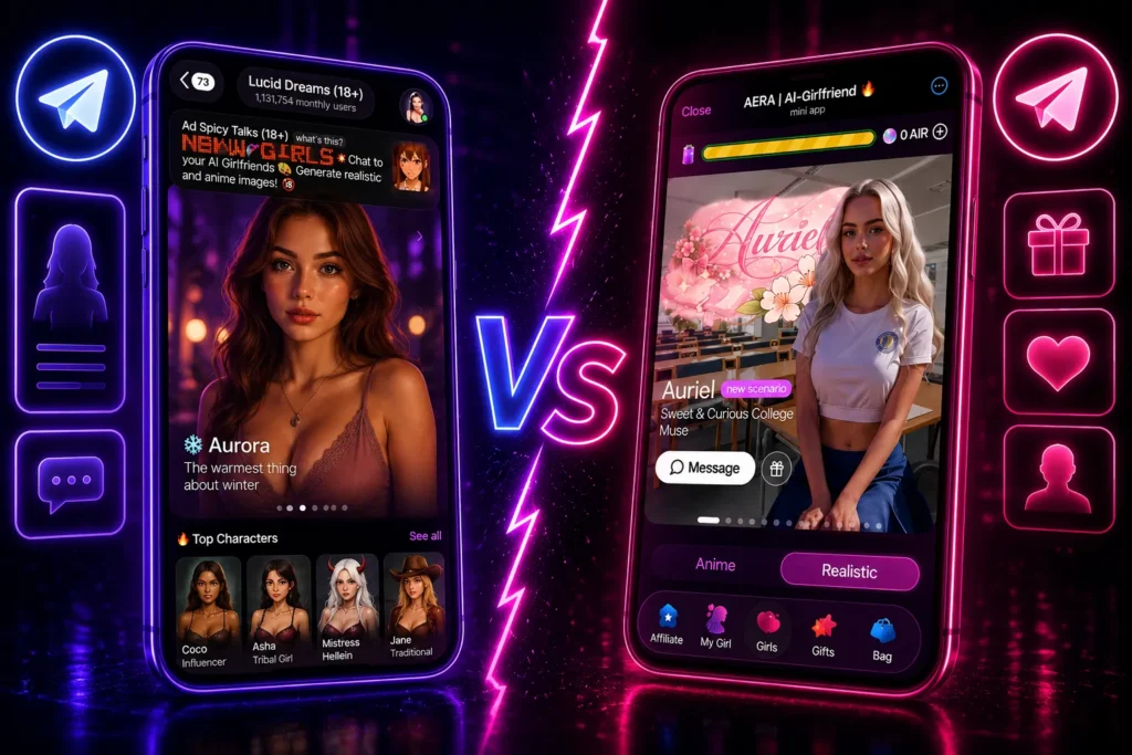 Lucid Dreams vs AERA Telegram AI girlfriend bots compared on features, customization, pricing, and overall experience.