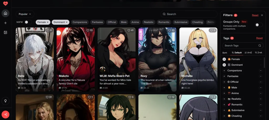 Close-up of Nectar AI search results and filter sidebar with tags including Dominant, Femdom, and various character styles in dark theme