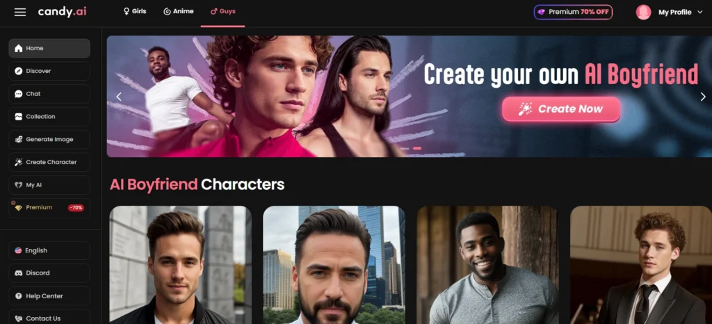 Candy AI guys section showing AI boyfriend characters for gay AI chat