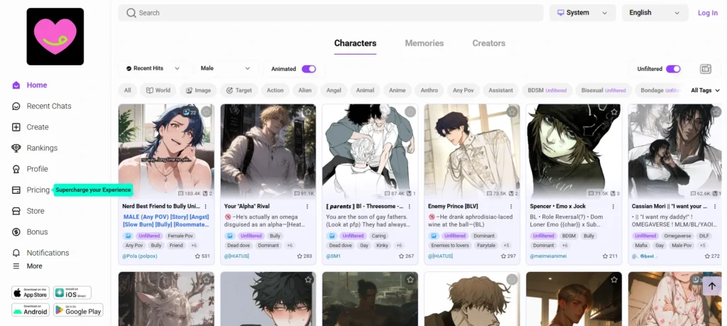 CrushOn.ai character page showing BL and omegaverse gay AI chatbot options
