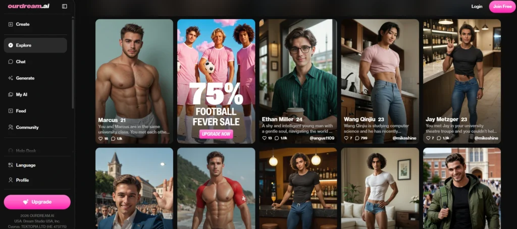 OurDream.ai explore page displaying male AI characters for gay AI chat