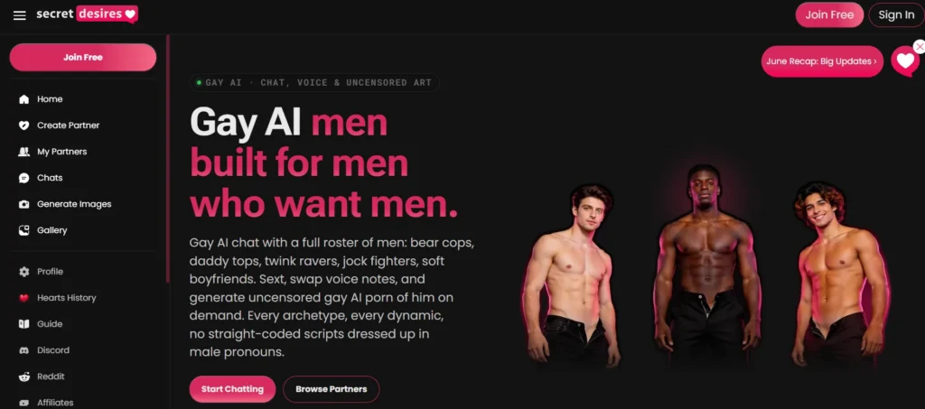 NSFW gay AI chat homepage on Secret Desires showing male AI partner characters