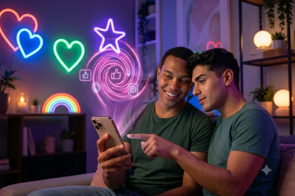 Two smiling men sitting closely together on a couch, looking at a smartphone screen in a room decorated with glowing neon hearts and stars.