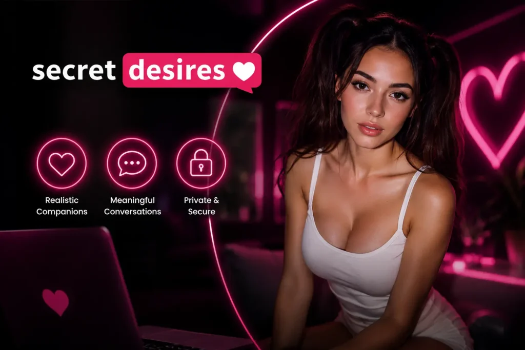 Secret Desires AI promotional graphic highlighting realistic companions, meaningful conversations, and private secure chats