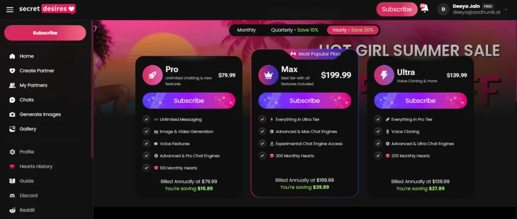 Secret Desires AI pricing page showing Pro, Max, and Ultra subscription plans with yearly billing