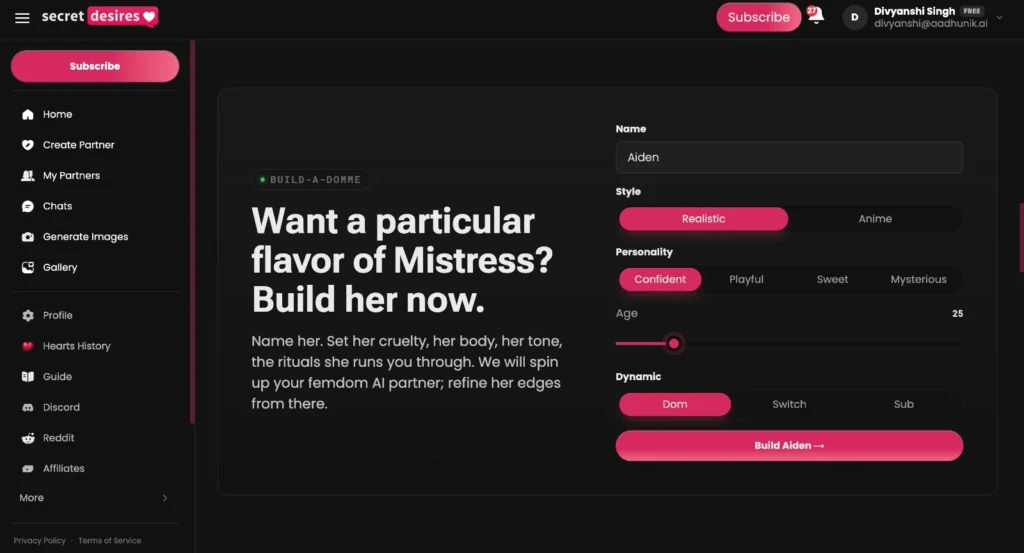 Screenshot of the Secret Desires AI "Build-A-Domme" customization panel with settings to customize an AI companion named Aiden, featuring options for visual style (Realistic or Anime), personality traits (Confident), age slider, and dynamic type (Dom).