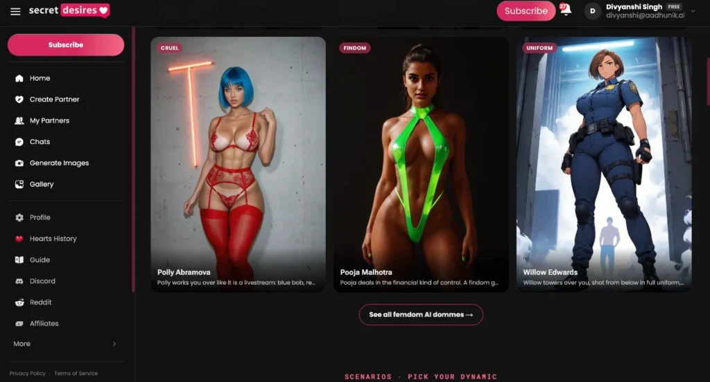 Screenshot of the Secret Desires AI platform character selection screen displaying three dominant female AI companions—Polly Abramova in red lingerie, Pooja Malhotra in a neon green outfit, and Willow Edwards in a police uniform.