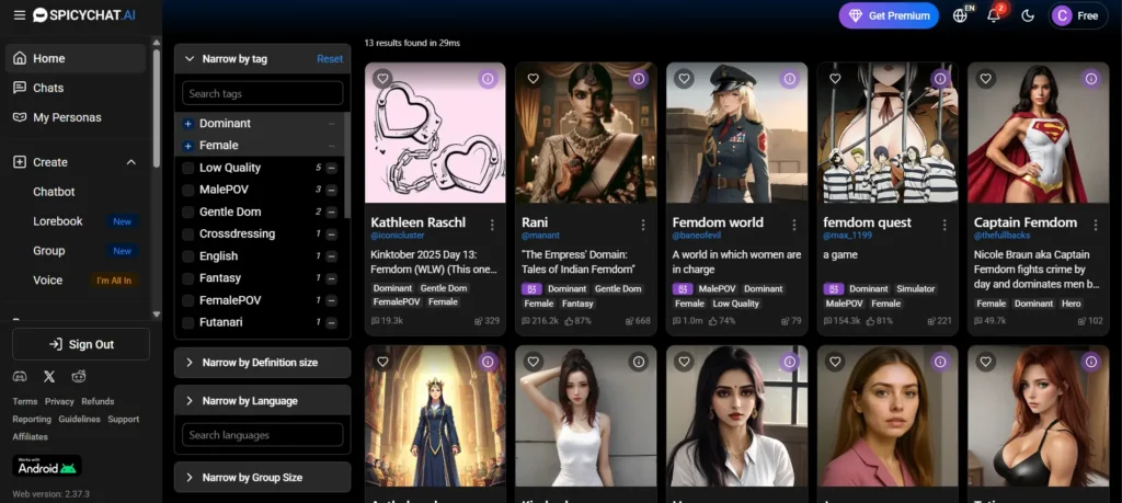 SpicyChat AI dashboard showing multiple AI character cards including dominant female personas with different styles and outfits in a grid layout