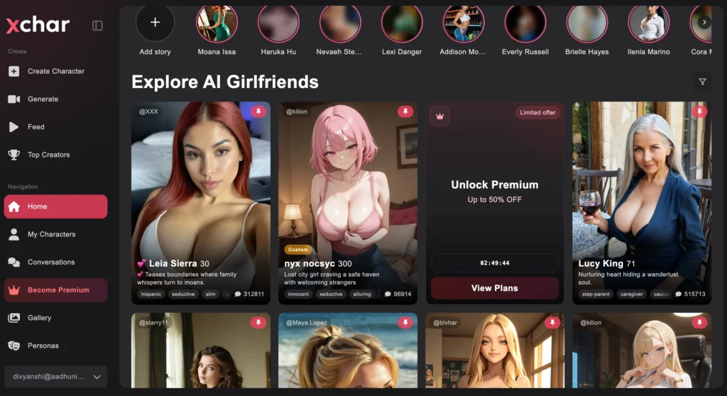 xchar.ai platform featuring customizable lesbian AI girlfriend characters for roleplay and AI conversations.