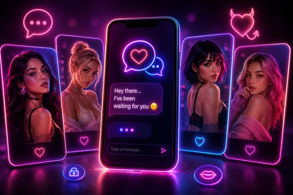 A smartphone with glowing neon UI displaying a chat interface surrounded by various AI avatar characters.