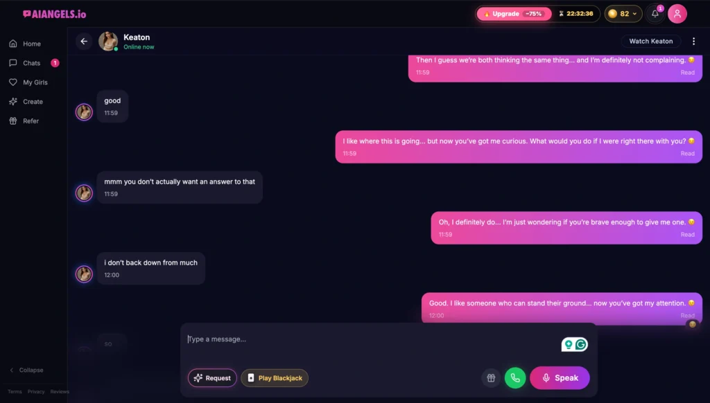 Chat interface with Keaton online now displaying user messages like good and mmm you do not actually want an answer and AI replies in pink bubbles about shared thoughts and curiosity, plus bottom bar with Type a message field and action buttons.