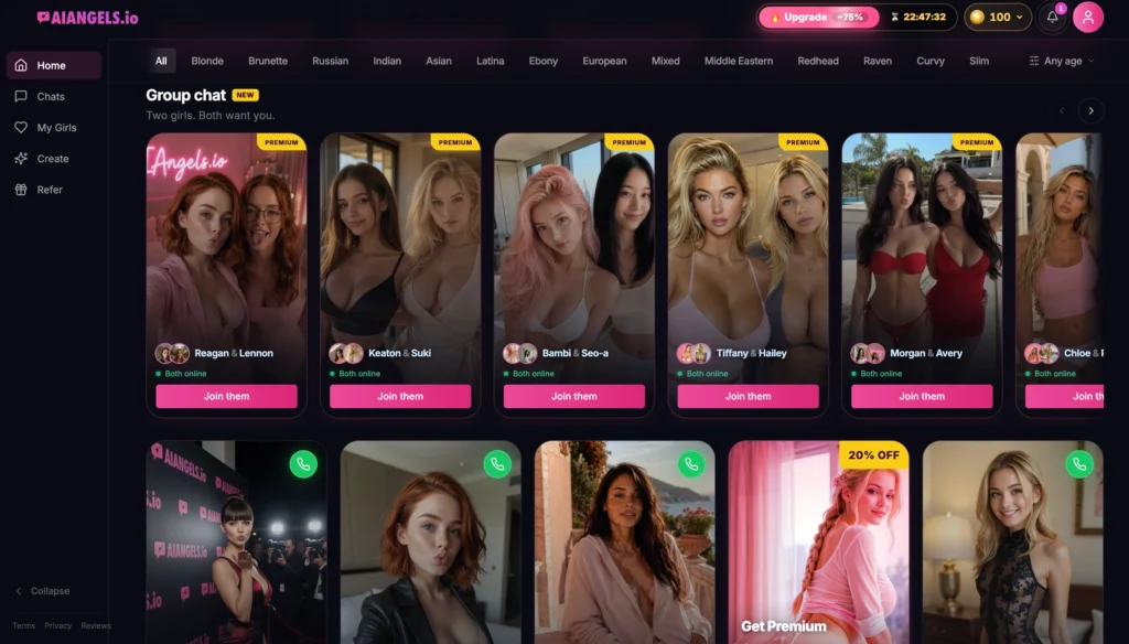 AI Angels group chat page titled Two girls Both want you showing six cards of paired AI women in various outfits marked Both online and Premium with pink Join them buttons and additional single profiles below.