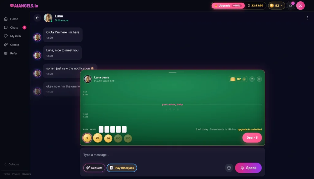 Green blackjack table interface inside Luna chat showing PLACE YOUR BET message free hands chips from 5 to 250 Deal button and remaining free hands counter next to the ongoing chat messages.