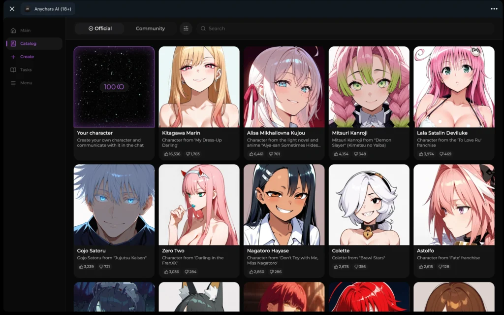 Anychars AI 18+ Telegram bot showing character.