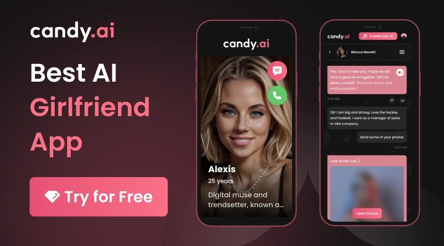 Candy AI companion conversation showing an AI character chat interface.
