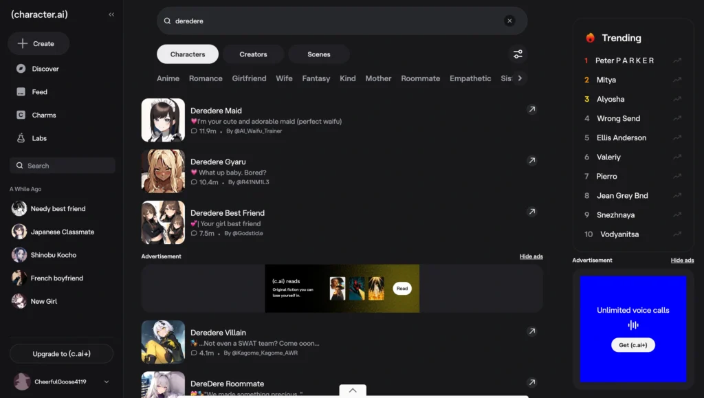 Character AI Deredere anime characters displaying cheerful and affectionate personalities.