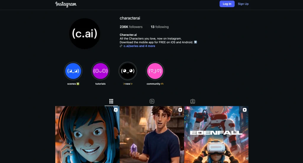Character.AI chat interface showing Instagram page.