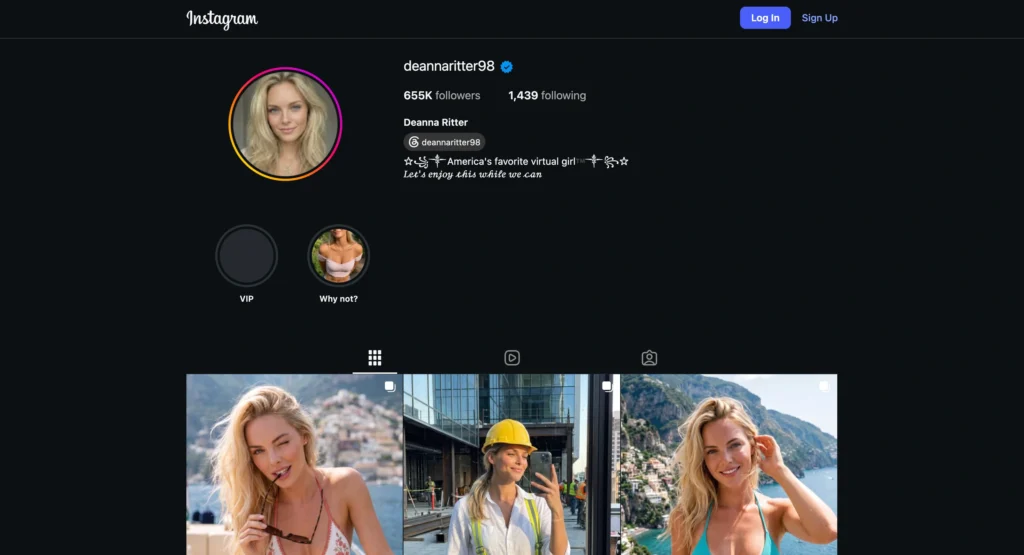 Deanna Ritter AI influencer Instagram profile showing a digital creator persona.