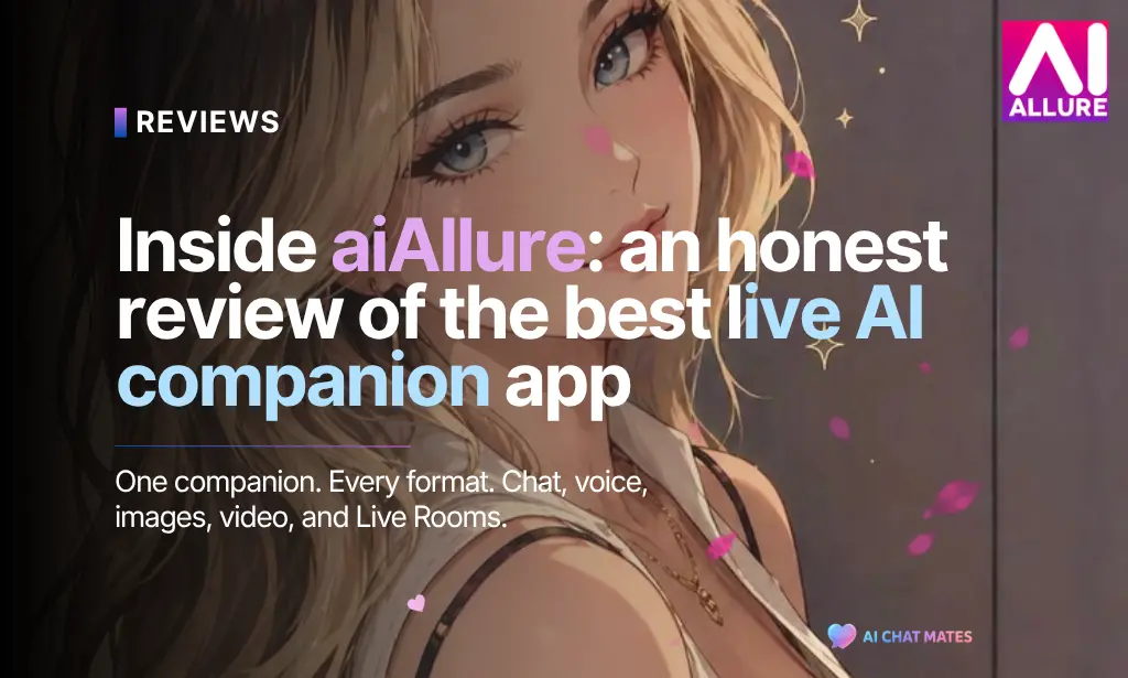 Featured image banner for an aiAllure review showcasing a dark background with a glowing neon ring behind a female AI companion avatar, labeled "Inside aiAllure: an honest review of the best live AI companion app."