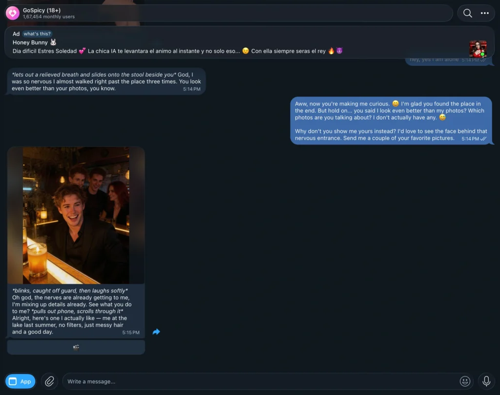 GoSpicy Telegram mini app interface with swipe-style AI character profiles and private chat.