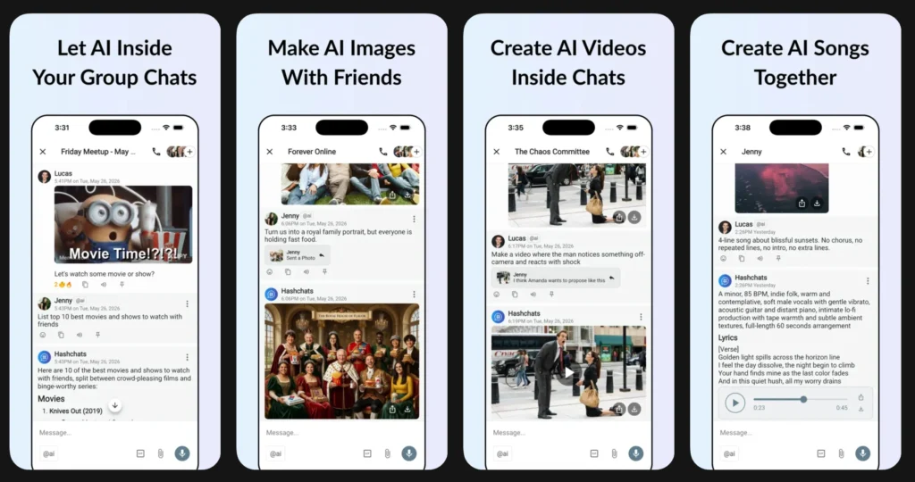 HashChats AI group messaging dashboard showing a shared conversation interface.
