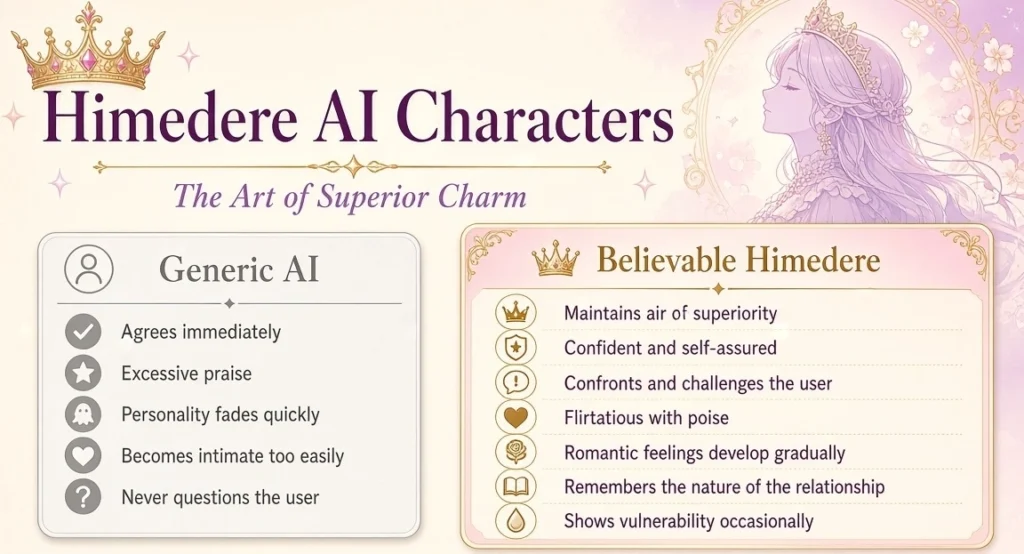Horizontal infographic titled Himedere AI Characters - The Art of Superior Charm. Left panel Generic AI lists Agrees immediately, Excessive praise, Personality fades quickly, Becomes intimate too easily, Never questions the user. Right panel Believable Himedere lists Maintains air of superiority, Confident and self-assured, Confronts and challenges the user, Flirtatious with poise, Romantic feelings develop gradually, Remembers the nature of the relationship, Shows vulnerability occasionally.