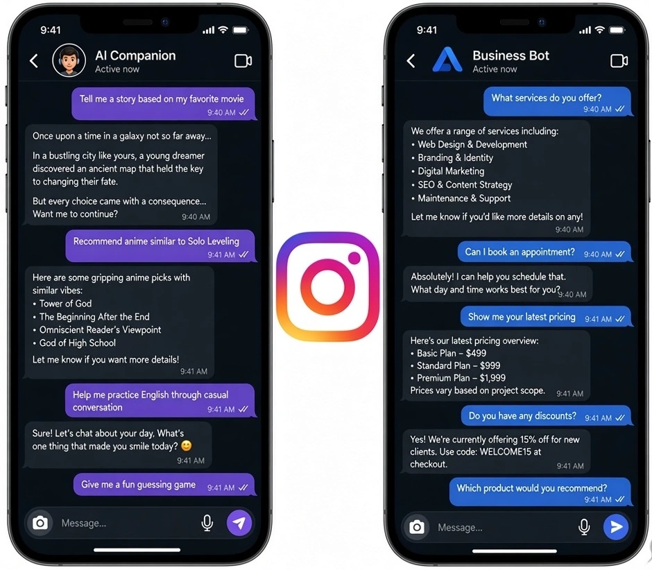 Two Instagram DM screens showing AI Companion casual prompts on the left and Business Bot service queries on the right with Instagram logo in the center.