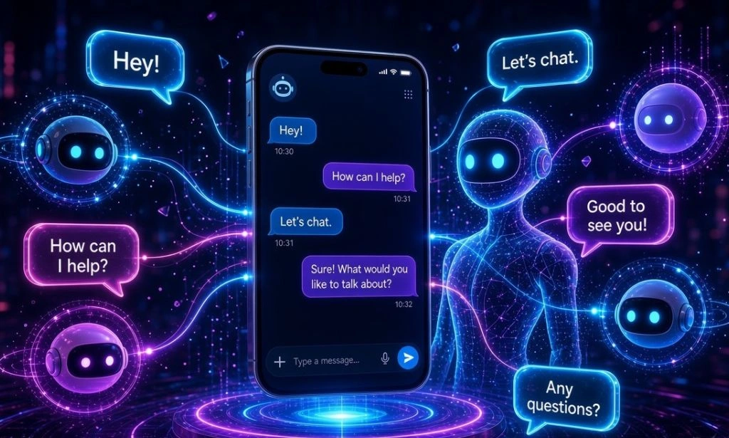 AI chatbot and companion conversations displayed across a smartphone messaging interface.
