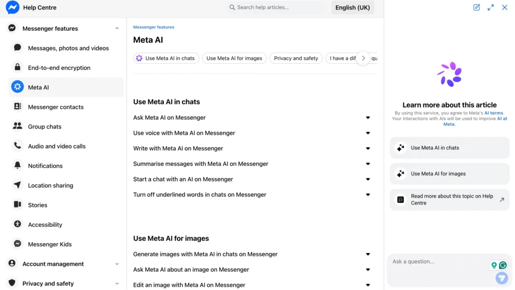 Meta AI conversation interface in Facebook Messenger showing AI assistant features.