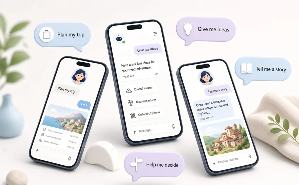 Person using conversational prompts to interact with an AI chatbot on a smartphone.